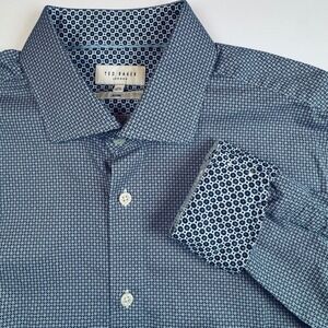 Ted Baker London Slim Fit Flip Cuff Blue Geometric Print Dress Shirt 16.5 34/35